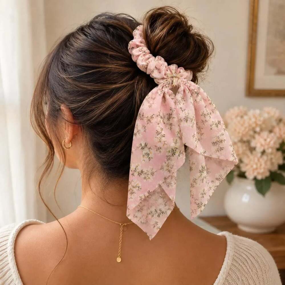 Pink Floral Scarf Scrunchie Coquette Cottagecore Hair Accessory